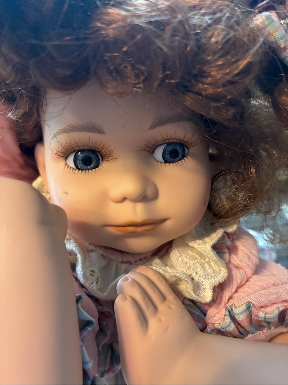 Vintage Cracker Barrel Blue-Eyed porcelain  Doll with Curly Brown Hair